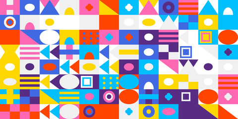 Vibrant and colorful geometric mosaic pattern with an array of abstract shapes and modern design elements