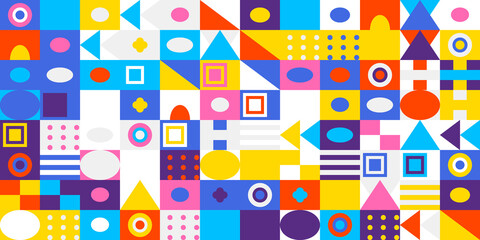 Vibrant and colorful geometric mosaic pattern with an array of abstract shapes and modern design elements