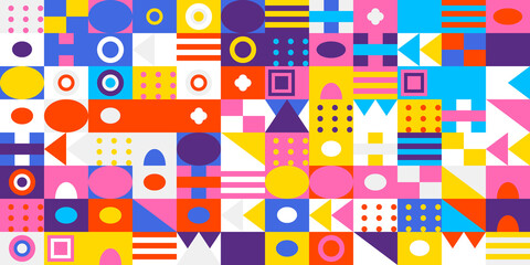 Vibrant and colorful geometric mosaic pattern with an array of abstract shapes and modern design elements