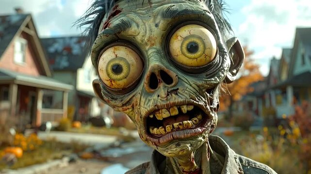 A close-up, cartoonish zombie face with wide, bug-eyed stares, showing decaying teeth and messy hair, set against a suburban autumn backdrop with houses and pumpkins