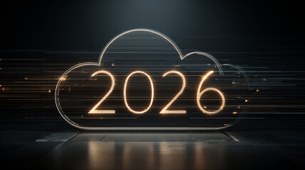 Futuristic cloud computing concept for technology and IT 2026 with glowing digital data streams on a dark background