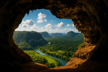 Scenic paradise view of lush green valley river and mountains seen through natural cave opening framing breathtaking landscape