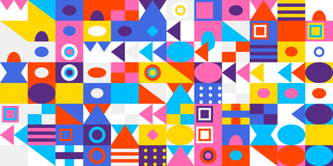 Vibrant and colorful geometric mosaic pattern with an array of abstract shapes and modern design elements