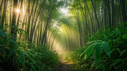 Lush Bamboo Forest Path Serene Nature Walk Sunlight Through the Grove Canopy