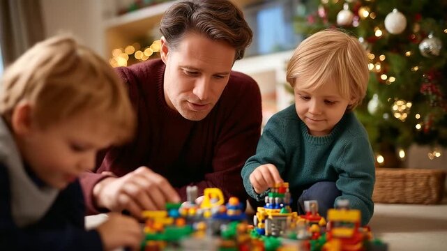Faceless father playing with construction toys and two children on floor near Christmas tree, winter family bonding, holiday building blocks activity, seasonal home play, defocused