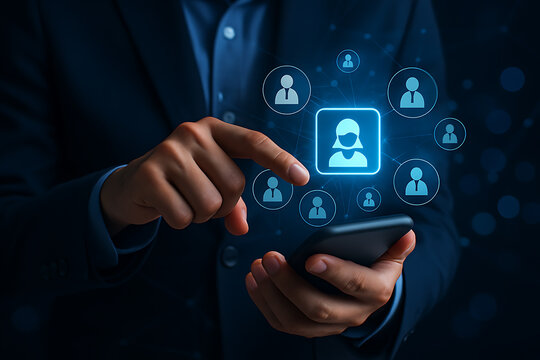 Smartphone holographic digital profile selection with connected avatar user icons visualizing business networking communication and online recruitment