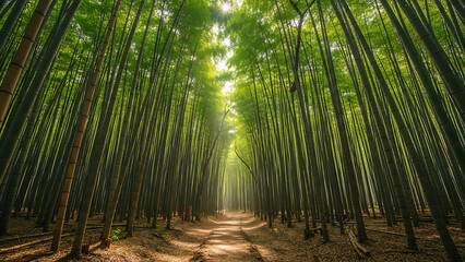 Beautiful Path Through a Serene Bamboo Forest with Sunlight Streaming Through the Trees