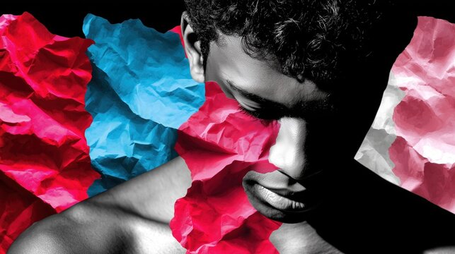 Artistic Portrait of young mixed origin man with wavy hair eyes down With red and blue Corrugated Paper background