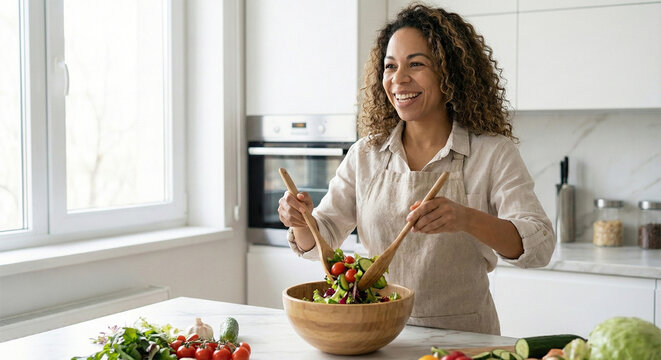 Joyful woman preparing a healthy fresh salad in a bright modern kitchen