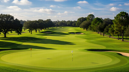 Golf Course Fairway at the End of a Sunny Day with Green Grass and Flag Poles