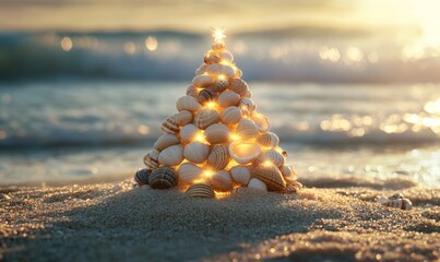 Seashell holiday tree creating a unique christmas atmosphere on a warm sandy beach beside the ocean, celebrating tropical festivities