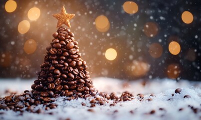 Coffee beans arranged as a festive christmas tree, topped with a golden star, resting on white snow with warm bokeh lights