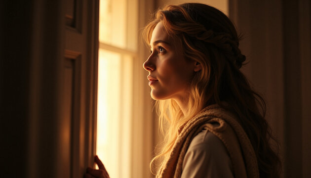 Woman looking out, beautiful girl gazes out to sunlit world, thoughtful female, and window reflect her inner thoughts. Woman looking out is expression of longing.
