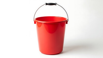 A single, empty, vibrant red plastic bucket with a black handle, isolated on a simple white studio background
