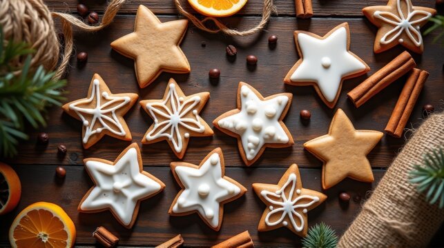 A beautifully arranged display of star-shaped cookies with white icing, perfect for festive celebrations.