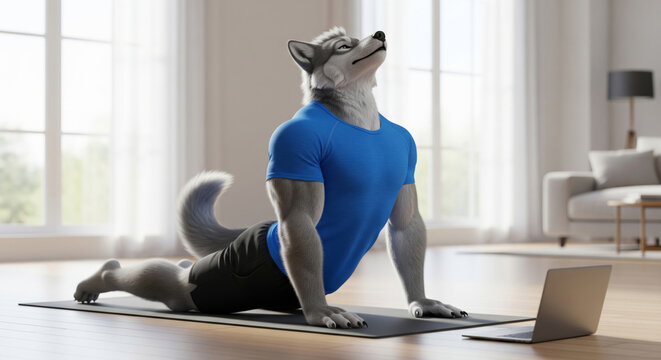 Anthropomorphic wolf doing yoga cobra pose on mat in front of laptop. fitness online concept with cute animal character in living room