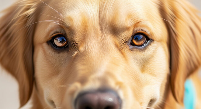 Extreme close up portrait of golden retriever dog face with focus on brown eyes. detailed realistic animal texture macro photography