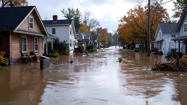 Residential street flooded with brown murky water, showcasing the devastating impact of extreme weather on homes and neighborhoods