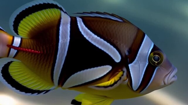 close-up of a clown triggerfish swimming by, bold geometric patterns glistening