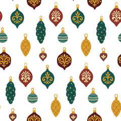 Seamless pattern with vintage Christmas toys. Victorian Christmas toys. Burgundy and green seamless pattern.
