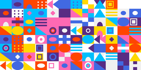 Vibrant and colorful geometric mosaic pattern with an array of abstract shapes and modern design elements, creating a dynamic and playful visual.
