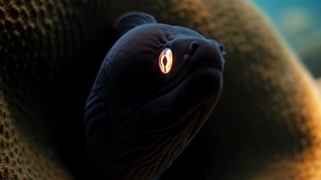 a moray eel emerging halfway from a coral cave, glowing eyes reflecting light