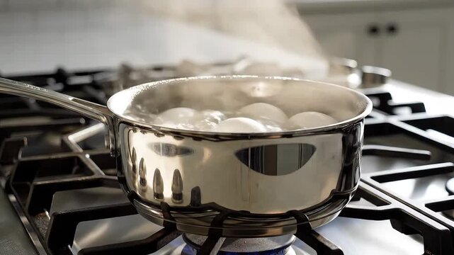Eggs Boiling in a Pot on a Gas Stove in the Kitchen.