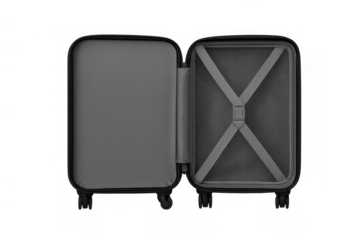 Open empty carry on suitcase ready for packing to begin a new travel adventure with transparent background