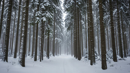 Snowy Forest Path A Winter Wonderland Through Tall Trees in a Serene Nature Scene