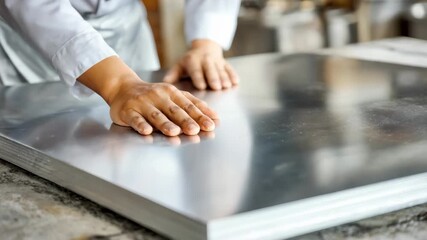 Medium shot of a worker polishing palladium sheets capturing the reflective surface and meticulous attention to detail in a clean workshop.