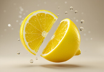 A floating sliced yellow lemon made of sparkling crystal, with a few suspended lemon-juice droplets, shot in cinematic macro studio lighting on a soft bokeh background.