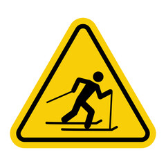 Skier zone. Yellow warning triangle sign. Winter tourist route. Ski slope. Skier activity zone.