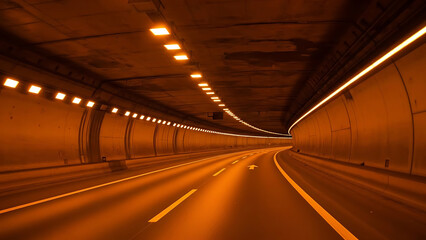 Illuminated Road Tunnel With Curved Lanes and Overhead Lights Guiding Through Darkness