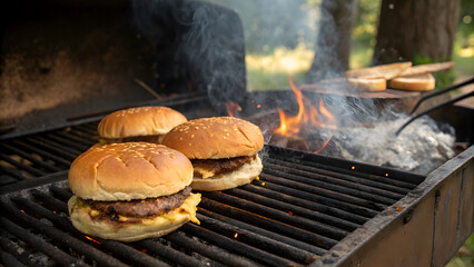 Golden-brown hamburger buns—soft yet crisped at the edges—sizzle gently on a weathered cast-iron grill grate, their surfaces kissed by the kiss of open flame and lightly 