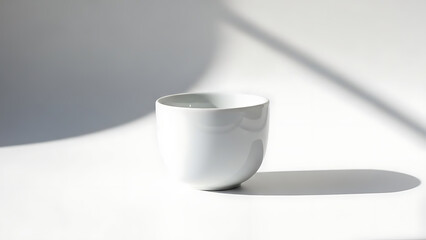 A single white ceramic teacup without a handle casts a long shadow on a bright white surface