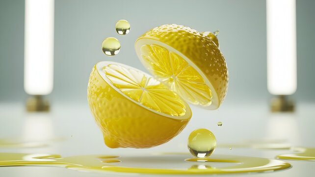 A floating sliced yellow lemon made of sparkling crystal, with a few suspended lemon-juice droplets, shot in cinematic macro studio lighting on a soft bokeh background. - Powered by Adobe