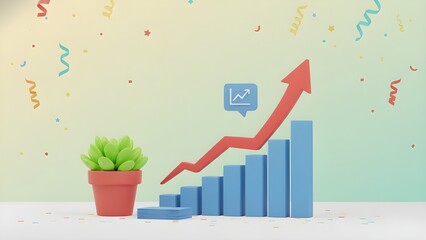 3D rendering of a potted plant next to a growing bar chart with an upward red arrow and confetti, symbolizing business success and financial growth.