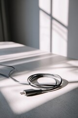 Minimalistic still life of a power cord in sunlit room