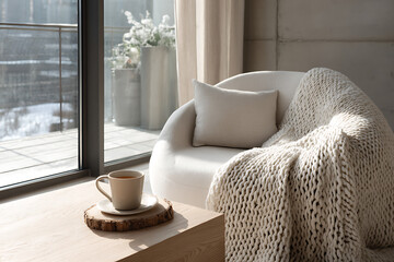 winter hygge space, comfy nook with armchair, knitted blanket, tea, and winter decor