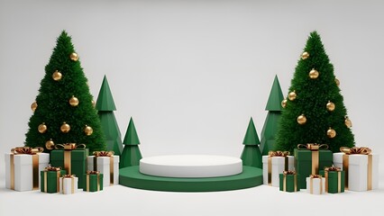 Minimal Green-White Christmas Display with Modern Trees