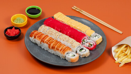 Sushi rolls on tray top view