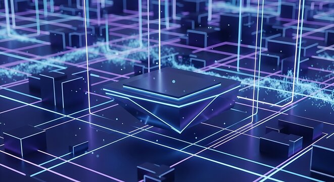 Futuristic microchip processor with neon lights and circuit board background