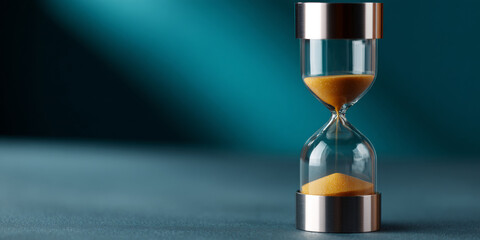 A sand timer is shown with a blue background behind it and the bottom half of the image showing more detail on what appears to be another person in the distance, but not much can really be seen due