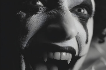 Sinister black-and-white portrait of a vampire-toothed evil clown.