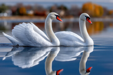 Fototapeta premium Elegant swans swimming peacefully on a serene lake during autumn