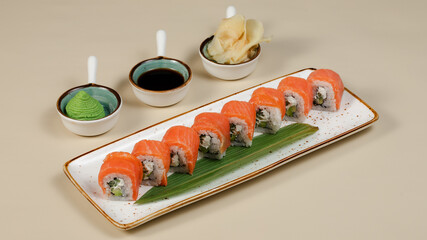 Sushi rolls on tray top view