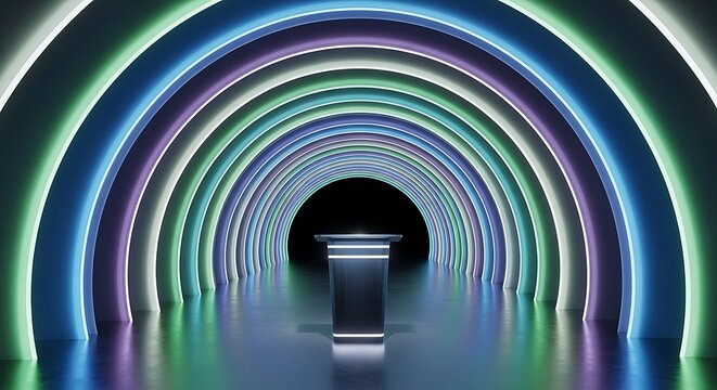 Illuminated podium in a tunnel of colorful neon lights for product display