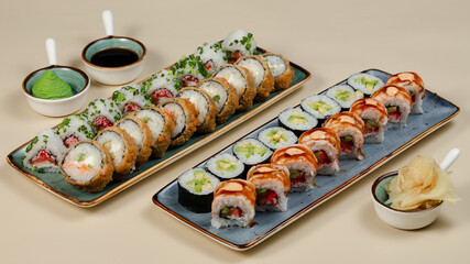 Sushi rolls on tray top view