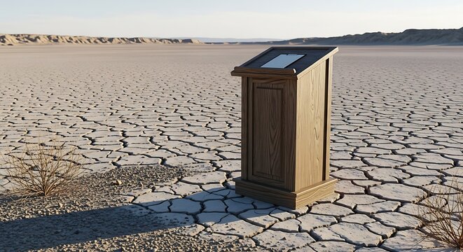 Wooden lectern stands in a cracked desert landscape under a clear sky