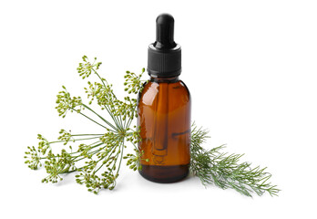 Fototapeta premium Bottle of dill seed essential oil on white background
